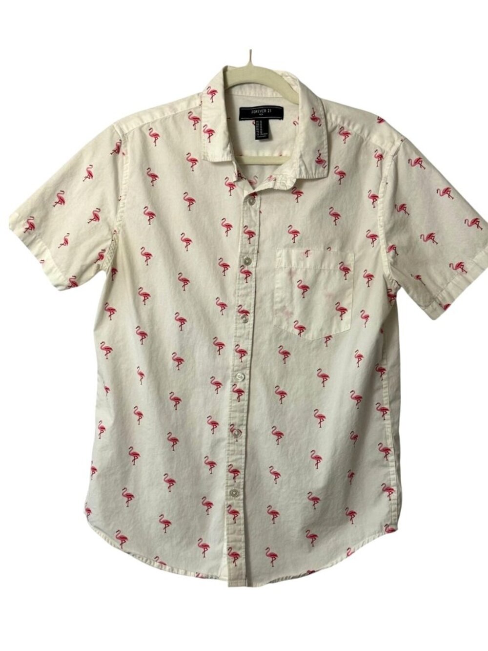 Forever 21 Men's White Button-Up Shirt With Pink Flamingo Pattern - Medium